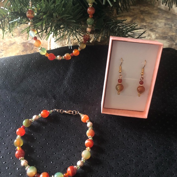 Natural Multicolored Agate Bead Necklace Earrings Bracelet 3 p - Picture 5 of 8